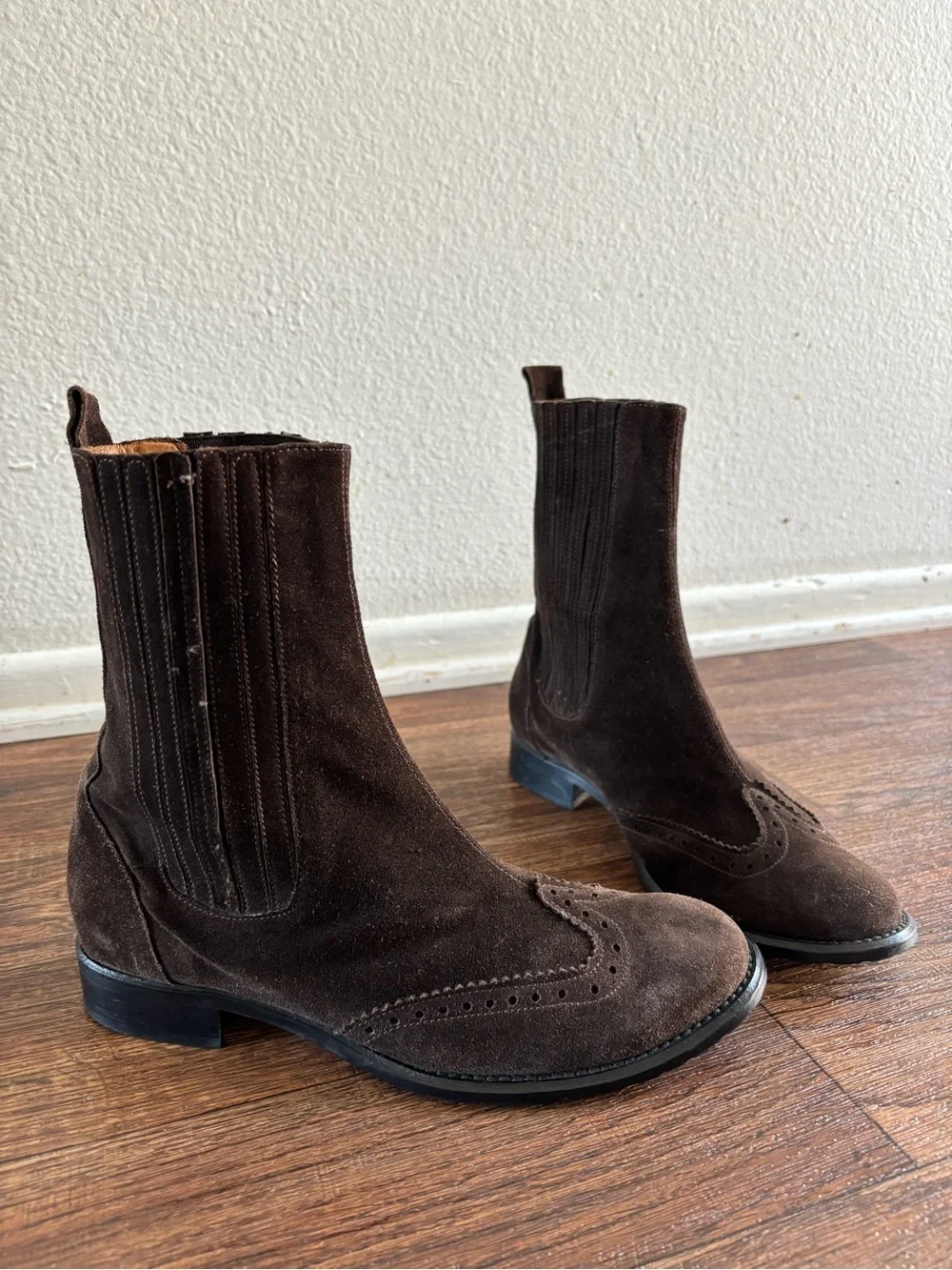 Jenrigò Suede Brogue Wingtip Chelsea Boots Italy Made Style 38.5 Dark Brown